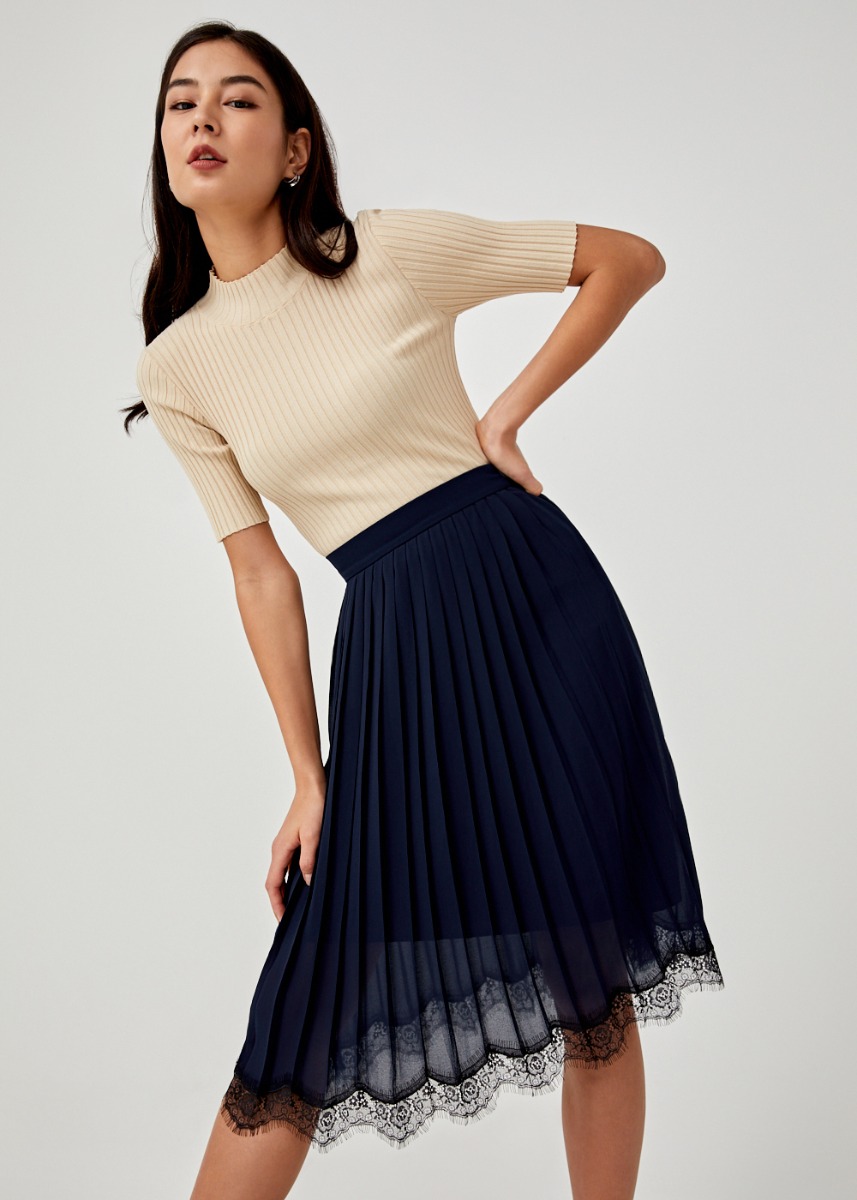 Rebecca Lace Trim Pleated Midi Skirt