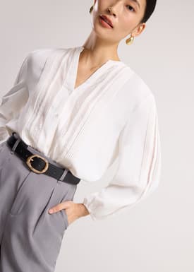 Chea Lace Trim Pintuck Button Down Blouse