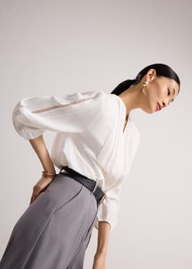 Chea Lace Trim Pintuck Button Down Blouse