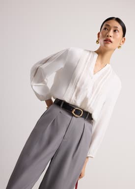 Chea Lace Trim Pintuck Button Down Blouse