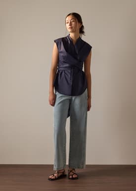 Ziyi Poplin Front Wrap Mandarin Collar Shirt