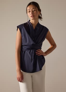 Ziyi Poplin Front Wrap Mandarin Collar Shirt