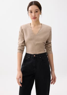 Moon Shoulder Padded Melange V-neck Top