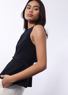 Jiang Belted Panelled Round Neck Peplum Top