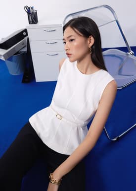 Jiang Belted Panelled Round Neck Peplum Top