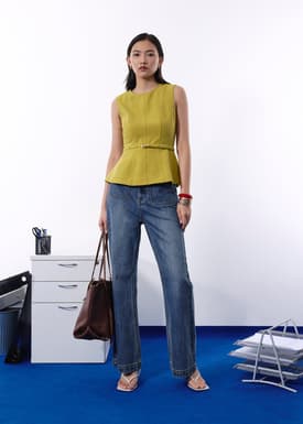 Jiang Belted Panelled Round Neck Peplum Top