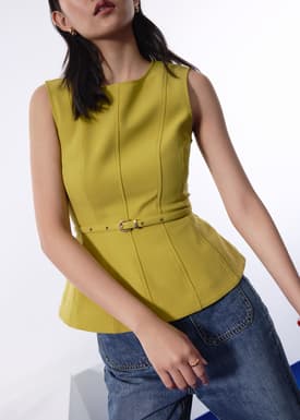 Jiang Belted Panelled Round Neck Peplum Top