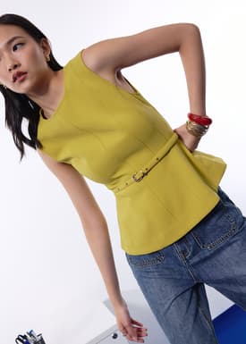 Jiang Belted Panelled Round Neck Peplum Top