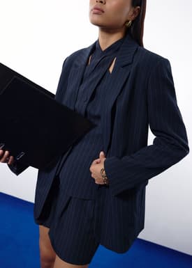 Akira Tailored Pinstripe Cross Over Halter Top