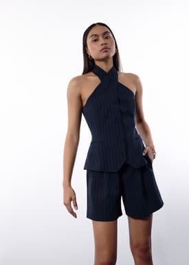 Akira Tailored Pinstripe Cross Over Halter Top