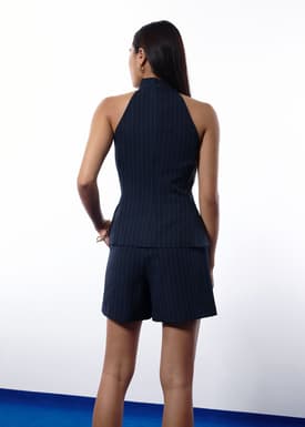 Akira Tailored Pinstripe Cross Over Halter Top