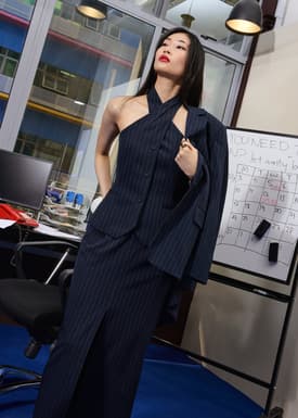 Akira Tailored Pinstripe Cross Over Halter Top
