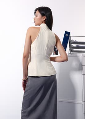 Akira Tailored Pinstripe Cross Over Halter Top