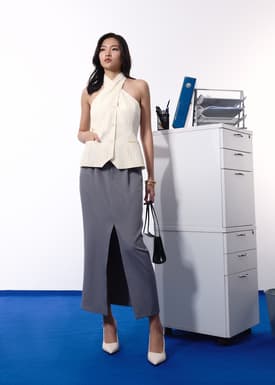 Akira Tailored Pinstripe Cross Over Halter Top