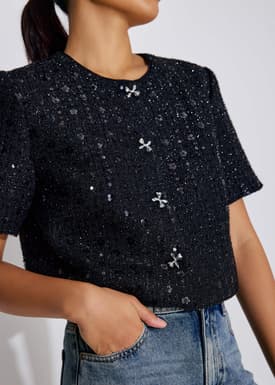 Meiyan Sequin Tweed Round Neck Boxy Button Down Crop Top