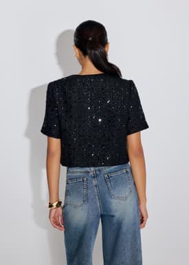 Meiyan Sequin Tweed Round Neck Boxy Button Down Crop Top