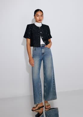 Meiyan Sequin Tweed Round Neck Boxy Button Down Crop Top