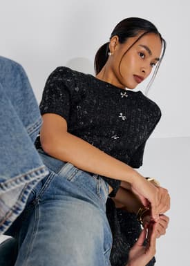 Meiyan Sequin Tweed Round Neck Boxy Button Down Crop Top