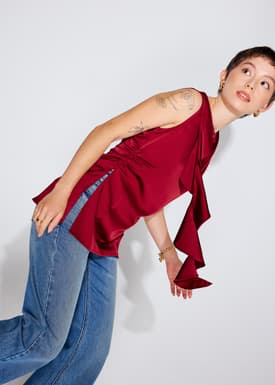 Tanya Ruffle Sash Satin Tunic Top