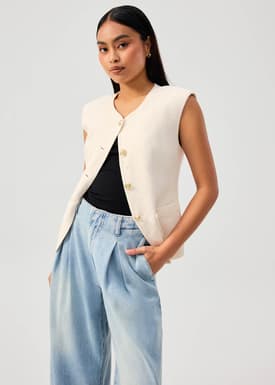 Isa Shoulder Padded Tweed Round Neck Vest Top