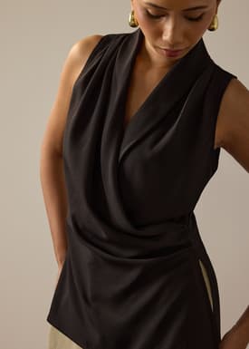 Krystal Crepe Satin Draped V-neck Top