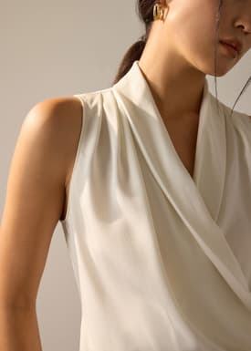 Krystal Crepe Satin Draped V-neck Top