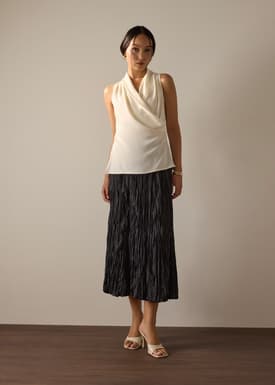 Krystal Crepe Satin Draped V-neck Top