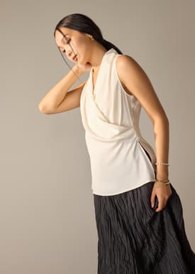 Krystal Crepe Satin Draped V-neck Top