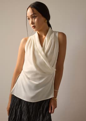 Krystal Crepe Satin Draped V-neck Top