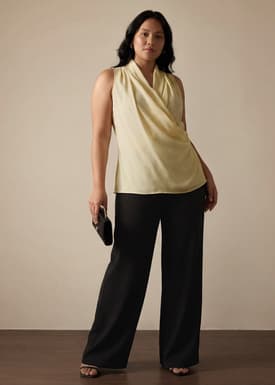 Krystal Crepe Satin Draped V-neck Top