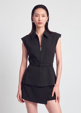 Quarter Zip Peplum Top With Belt