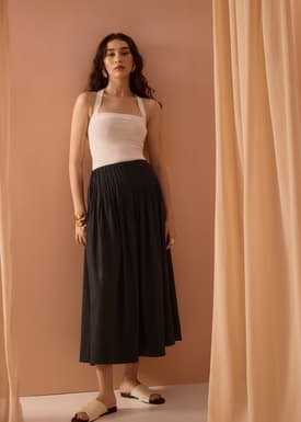 Kate High Waist Pintuck Flare Maxi Skirt