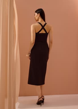 Mei Elastic High Slit Column Midi Skirt