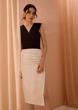 Mei Elastic High Slit Column Midi Skirt