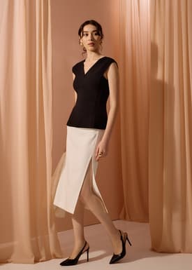 Mei Elastic High Slit Column Midi Skirt