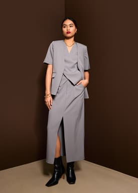 Blake Tailored Pinstripe Front Slit Column Maxi Skirt