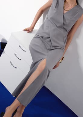 Blake Tailored Pinstripe Front Slit Column Maxi Skirt