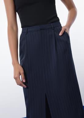 Blake Tailored Pinstripe Front Slit Column Maxi Skirt