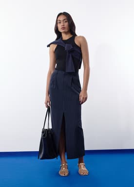 Blake Tailored Pinstripe Front Slit Column Maxi Skirt