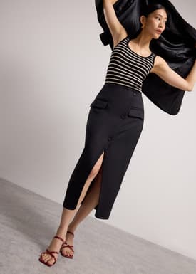 Shuri Asymmetric Front Slit Column Midi Skirt