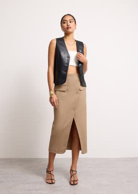 Shuri Asymmetric Front Slit Column Midi Skirt