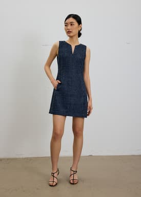 Fran Notched Ribbon Tweed Shift Mini Dress