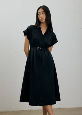 Zhu Belted V-neck Fit and Flare Midi Dress