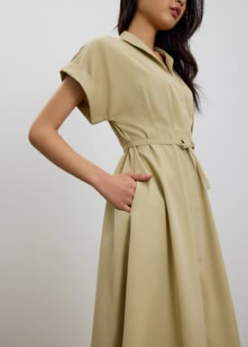 Zhu Belted V-neck Fit and Flare Midi Dress