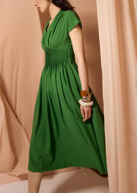 Trinh Pintuck Plunge Fit & Flare Midaxi Dress