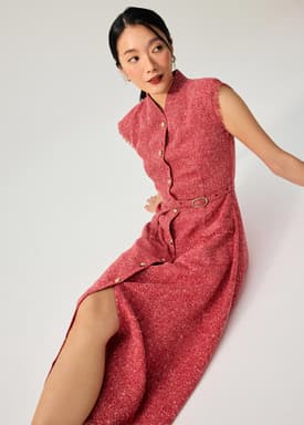 Fei Belted Tweed Mandarin Collar Fit & Flare Midaxi Dress