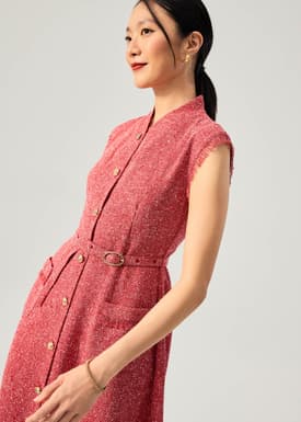 Fei Belted Tweed Mandarin Collar Fit & Flare Midaxi Dress