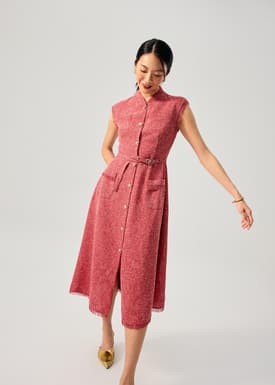 Fei Belted Tweed Mandarin Collar Fit & Flare Midaxi Dress