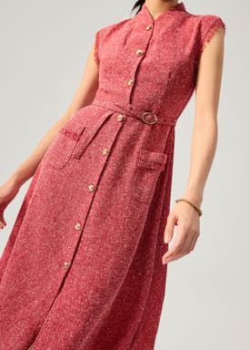 Fei Belted Tweed Mandarin Collar Fit & Flare Midaxi Dress