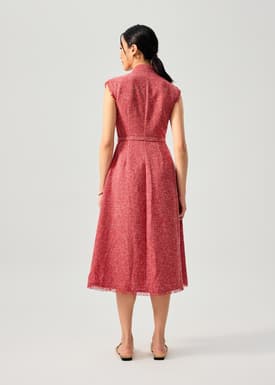 Fei Belted Tweed Mandarin Collar Fit & Flare Midaxi Dress